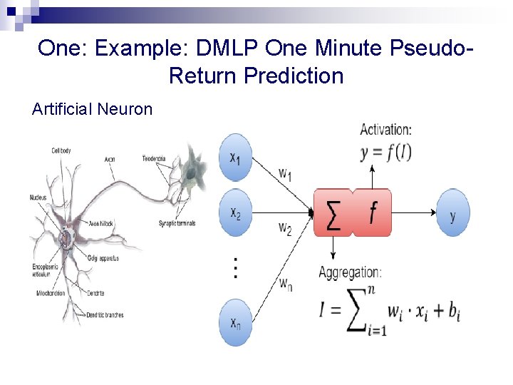 One: Example: DMLP One Minute Pseudo. Return Prediction Artificial Neuron One: Example: DMLP One Minute Pseudo. Return Prediction Artificial Neuron
