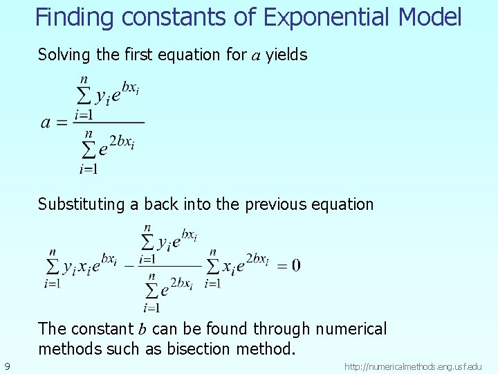 Finding constants of Exponential Model Solving the first equation for a yields Substituting a