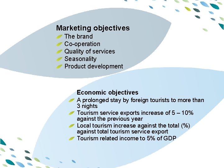 Marketing objectives The brand Co-operation Quality of services Seasonality Product development PPT template Economic