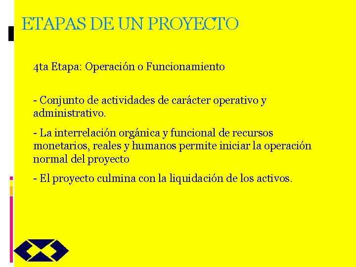 ETAPAS DE UN PROYECTO 4 ta Etapa: Operación o Funcionamiento - Conjunto de actividades