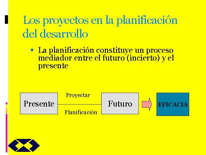 Los proyectos en la planificación del desarrollo La planificación constituye un proceso mediador entre