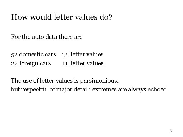 How would letter values do? For the auto data there are 52 domestic cars How would letter values do? For the auto data there are 52 domestic cars