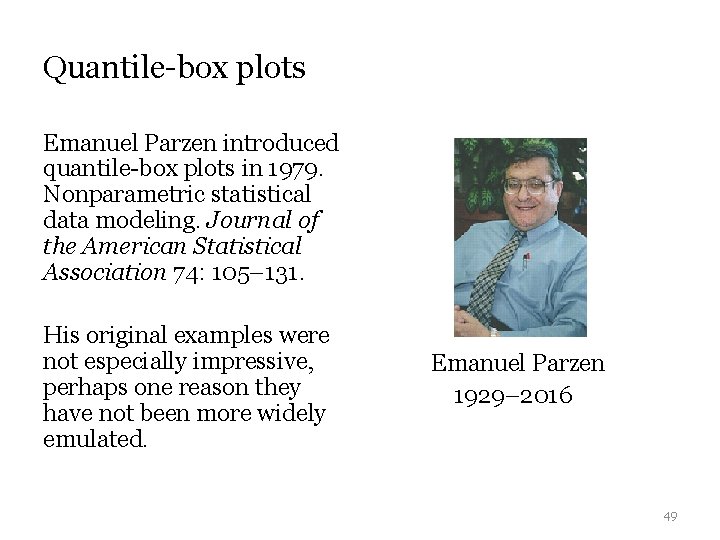 Quantile-box plots Emanuel Parzen introduced quantile-box plots in 1979. Nonparametric statistical data modeling. Journal Quantile-box plots Emanuel Parzen introduced quantile-box plots in 1979. Nonparametric statistical data modeling. Journal