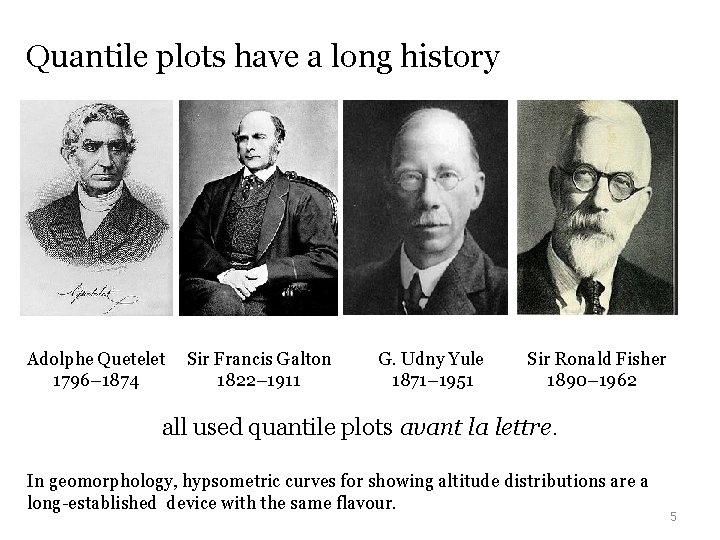 Quantile plots have a long history Adolphe Quetelet Sir Francis Galton G. Udny Yule Quantile plots have a long history Adolphe Quetelet Sir Francis Galton G. Udny Yule