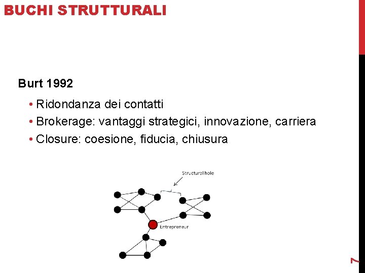 BUCHI STRUTTURALI Burt 1992 7 • Ridondanza dei contatti • Brokerage: vantaggi strategici, innovazione,