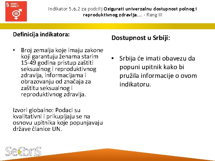 Indikator 5. 6. 2 za podcilj Osigurati univerzalnu dostupnost polnog i reproduktivnog zdravlja. .