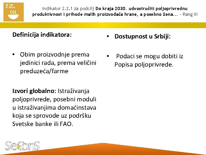 Indikator 2. 3. 1 za podcilj Do kraja 2030. udvostručiti poljoprivrednu produktivnost i prihode