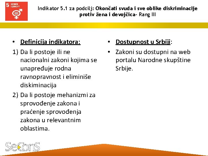 Indikator 5. 1 za podcilj: Okončati svuda i sve oblike diskriminacije protiv žena i