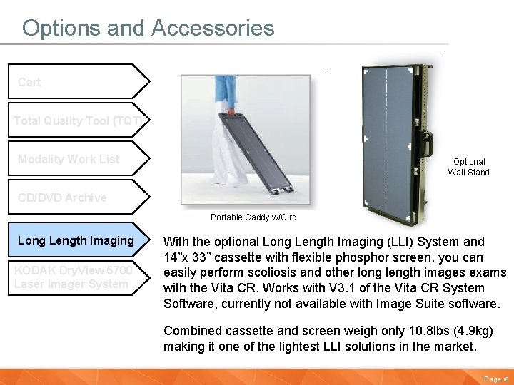 Options and Accessories Cart Total Quality Tool (TQT) Modality Work List Optional Wall Stand