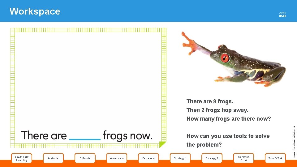 Workspace There are 9 frogs. Then 2 frogs hop away. How can you use