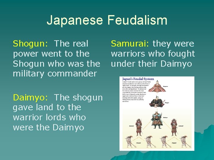Japanese Feudalism Shogun: The real power went to the Shogun who was the military Japanese Feudalism Shogun: The real power went to the Shogun who was the military