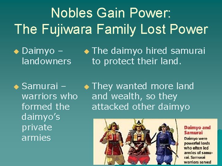Nobles Gain Power: The Fujiwara Family Lost Power u u Daimyo – landowners Samurai Nobles Gain Power: The Fujiwara Family Lost Power u u Daimyo – landowners Samurai