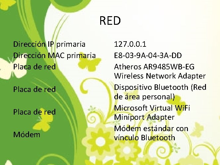 RED Dirección IP primaria Dirección MAC primaria Placa de red Módem 127. 0. 0.