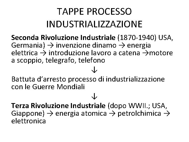 TAPPE PROCESSO INDUSTRIALIZZAZIONE Seconda Rivoluzione Industriale (1870 -1940) USA, Germania) → invenzione dinamo →