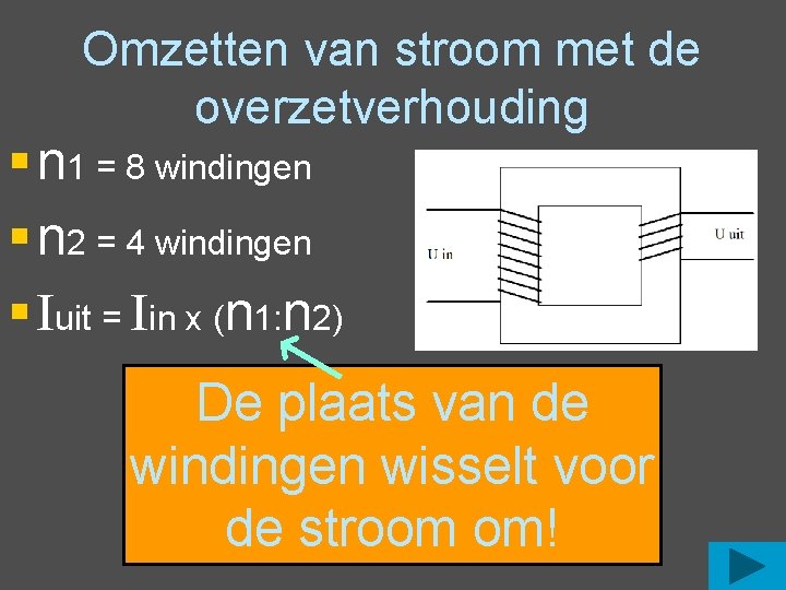 Omzetten van stroom met de overzetverhouding § n 1 = 8 windingen § n