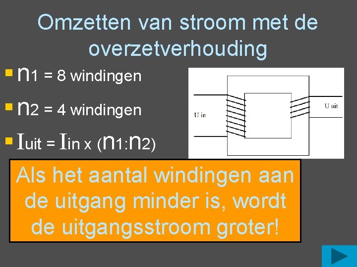 Omzetten van stroom met de overzetverhouding § n 1 = 8 windingen § n