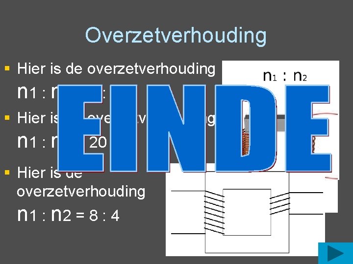 Overzetverhouding § Hier is de overzetverhouding n 1 : n 2 = 7 :