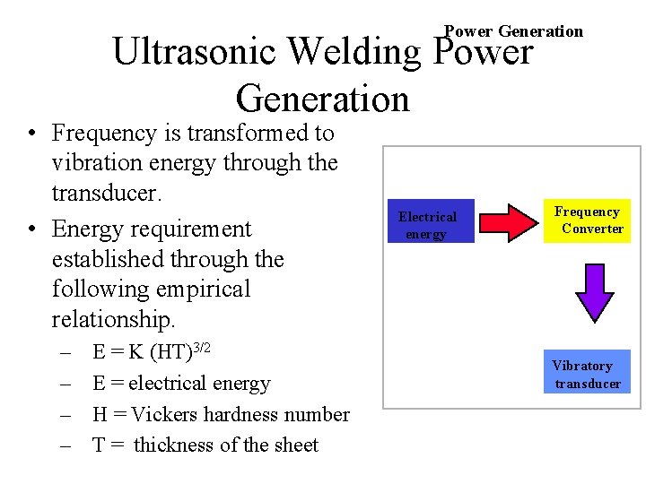 Power Generation Ultrasonic Welding Power Generation • Frequency is transformed to vibration energy through
