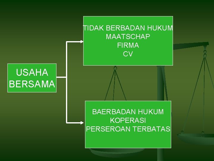 TIDAK BERBADAN HUKUM MAATSCHAP FIRMA CV USAHA BERSAMA BAERBADAN HUKUM KOPERASI PERSEROAN TERBATAS 