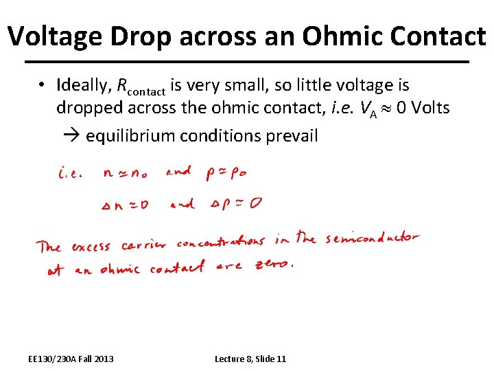 Voltage Drop across an Ohmic Contact • Ideally, Rcontact is very small, so little