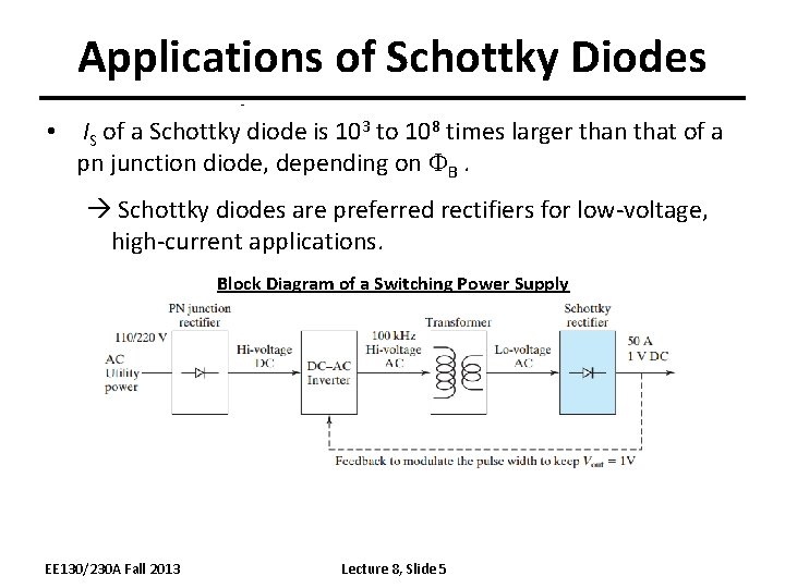 Applications of Schottky Diodes • IS of a Schottky diode is 103 to 108