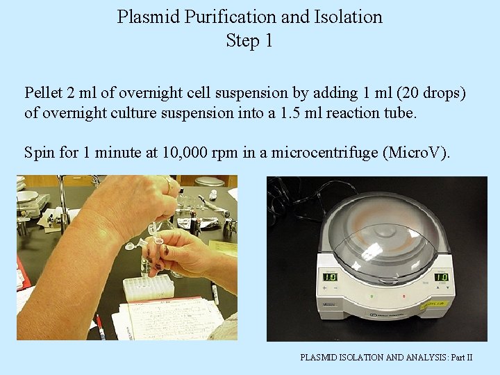 Plasmid Purification and Isolation Step 1 Pellet 2 ml of overnight cell suspension by