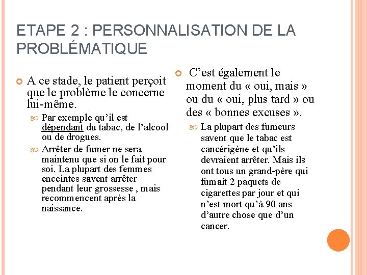 ETAPE 2 : PERSONNALISATION DE LA PROBLÉMATIQUE A ce stade, le patient perçoit que