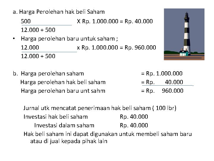 a. Harga Perolehan hak beli Saham 500 X Rp. 1. 000 = Rp. 40.