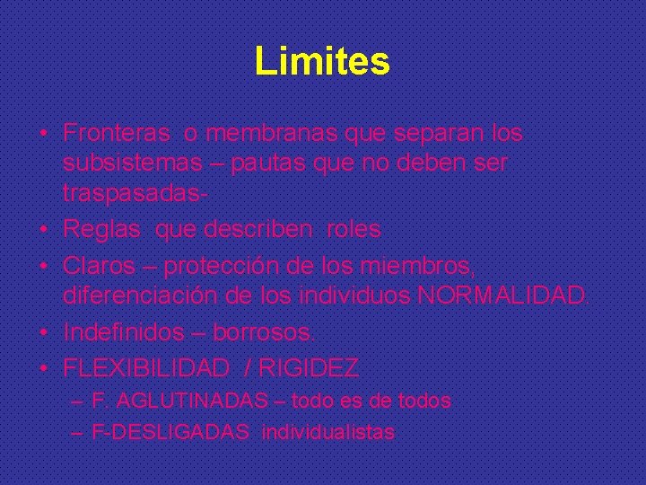 Limites • Fronteras o membranas que separan los subsistemas – pautas que no deben