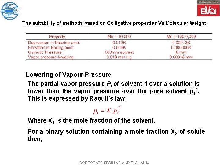The suitability of methods based on Colligative properties Vs Molecular Weight Lowering of Vapour The suitability of methods based on Colligative properties Vs Molecular Weight Lowering of Vapour