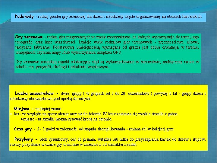 Podchody - rodzaj prostej gry terenowej dla dzieci i młodzieży często organizowanej na obozach Podchody - rodzaj prostej gry terenowej dla dzieci i młodzieży często organizowanej na obozach