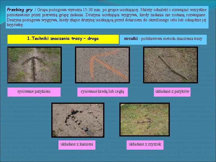 Przebieg gry : Grupa pościgowa wyrusza 15 -30 min. po grupie uciekającej. Należy odnaleźć Przebieg gry : Grupa pościgowa wyrusza 15 -30 min. po grupie uciekającej. Należy odnaleźć