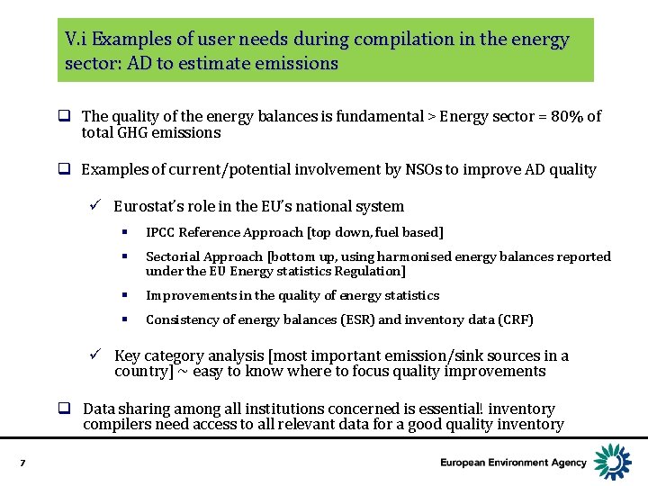 V. i Examples of user needs during compilation in the energy sector: AD to