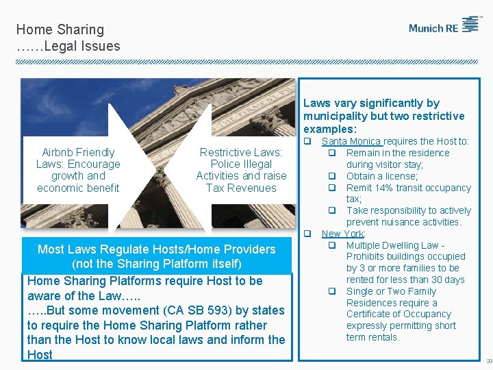 Home Sharing ……Legal Issues Laws vary significantly by municipality but two restrictive examples: Airbnb