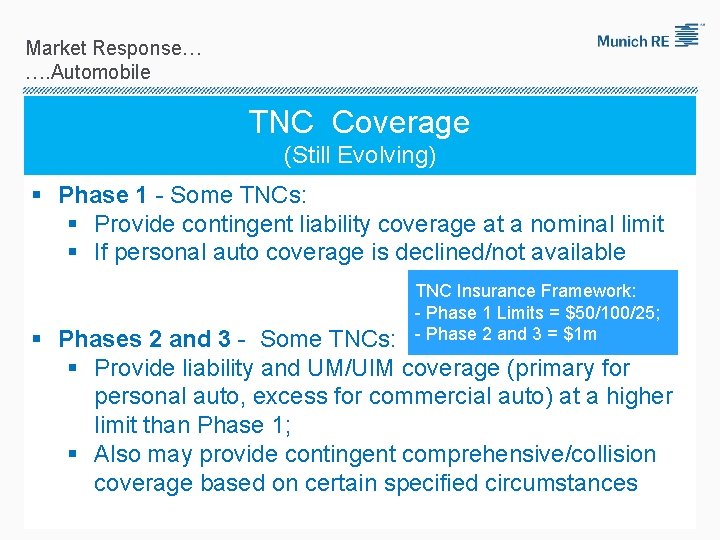 Market Response… …. Automobile TNC Coverage (Still Evolving) § Phase 1 - Some TNCs: