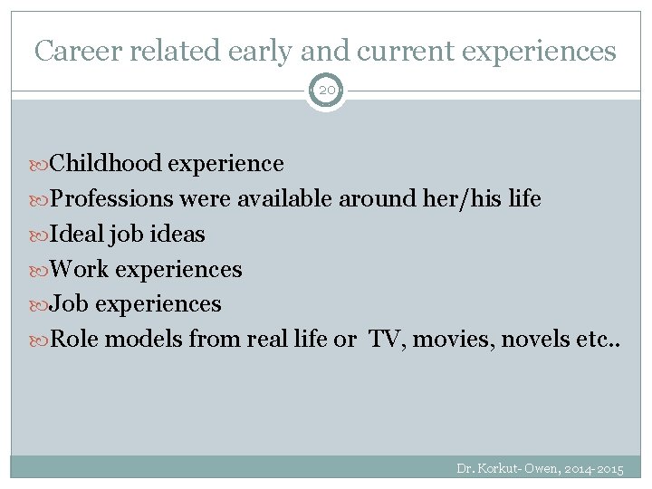 Career related early and current experiences 20 Childhood experience Professions were available around her/his