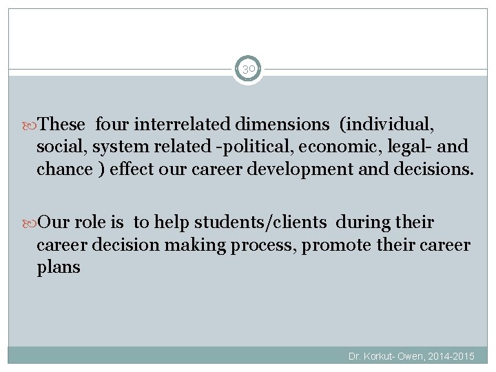 30 These four interrelated dimensions (individual, social, system related -political, economic, legal- and chance