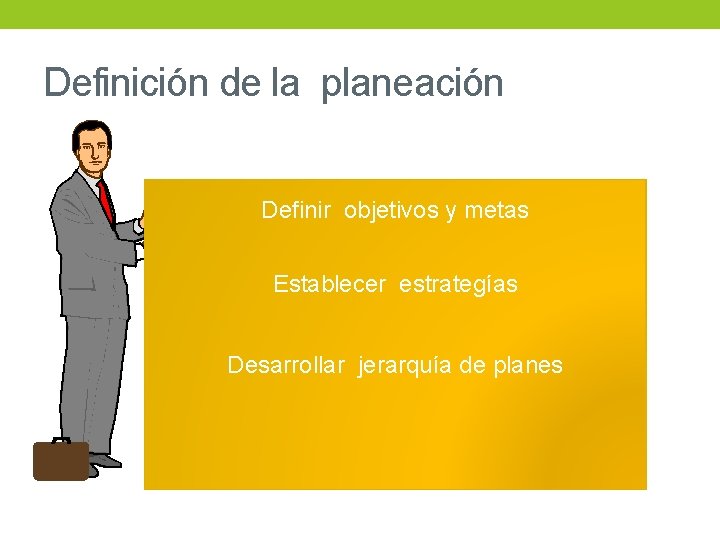 Definición de la planeación Definir objetivos y metas Establecer estrategías Desarrollar jerarquía de planes Definición de la planeación Definir objetivos y metas Establecer estrategías Desarrollar jerarquía de planes