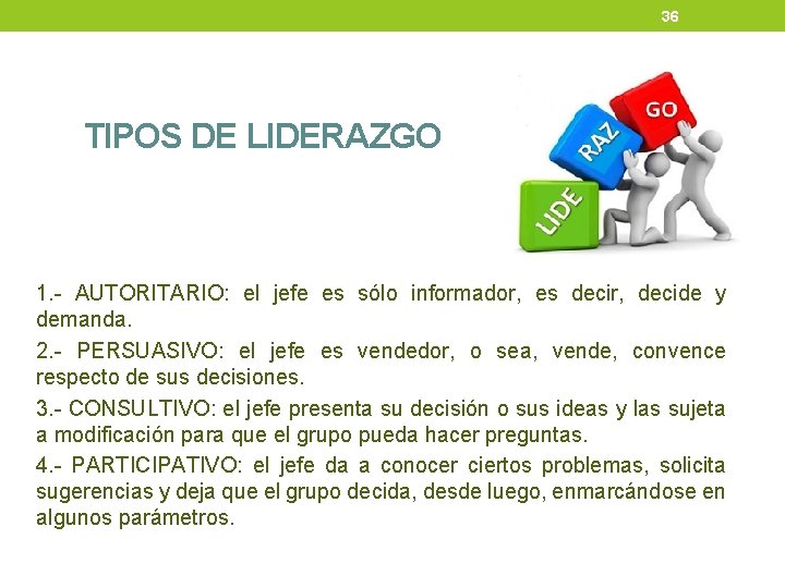 36 TIPOS DE LIDERAZGO 1. - AUTORITARIO: el jefe es sólo informador, es decir, 36 TIPOS DE LIDERAZGO 1. - AUTORITARIO: el jefe es sólo informador, es decir,