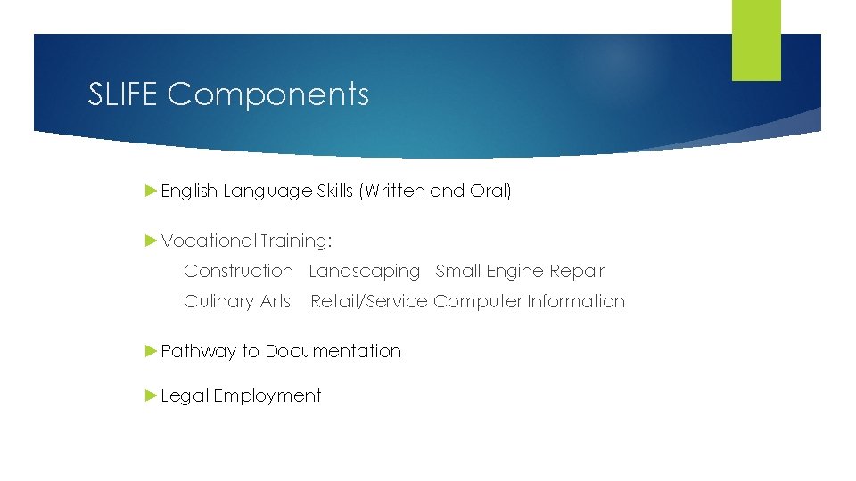 SLIFE Components ►English Language Skills (Written and Oral) ►Vocational Training: Construction Landscaping Small Engine