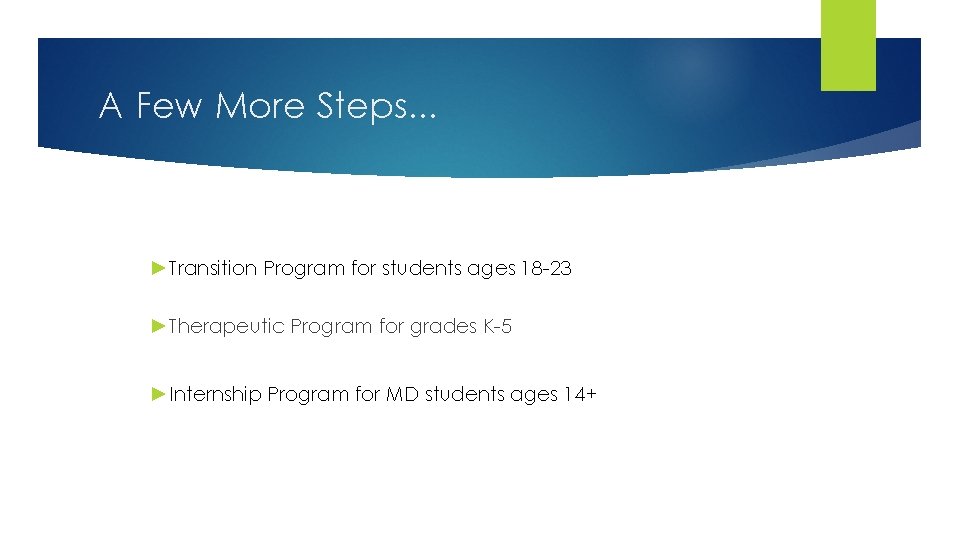 A Few More Steps. . . ►Transition Program for students ages 18 -23 ►Therapeutic