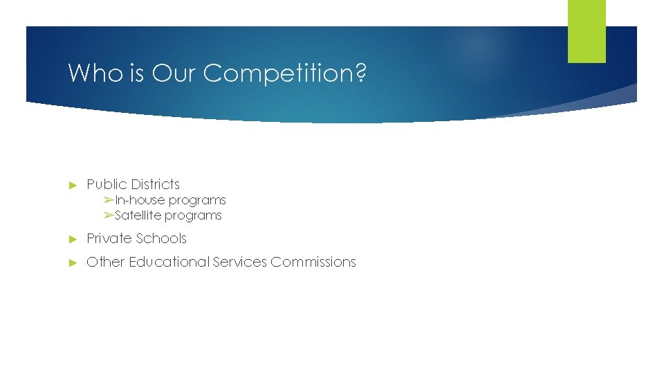 Who is Our Competition? ► Public Districts ➢In-house programs ➢Satellite programs ► Private Schools