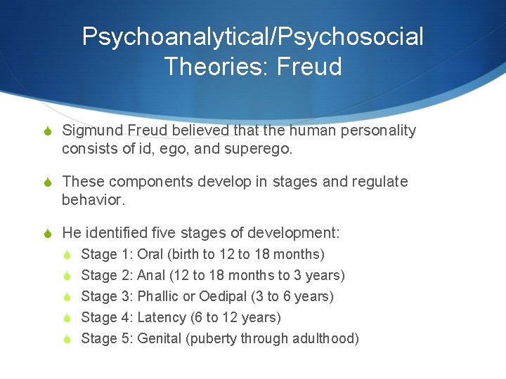 Psychoanalytical/Psychosocial Theories: Freud S Sigmund Freud believed that the human personality consists of id,
