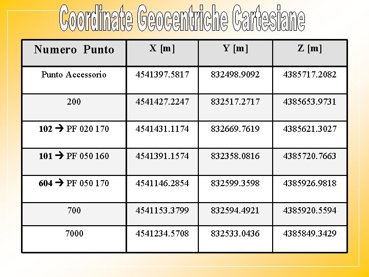 Numero Punto X [m] Y [m] Z [m] Punto Accessorio 4541397. 5817 832498. 9092