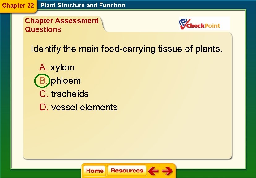 Chapter 22 Plant Structure and Function Chapter Assessment Questions Identify the main food-carrying tissue