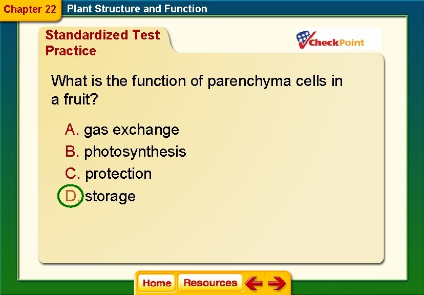 Chapter 22 Plant Structure and Function Standardized Test Practice What is the function of