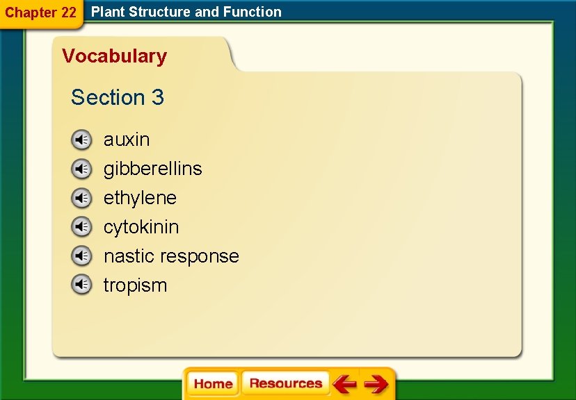 Chapter 22 Plant Structure and Function Vocabulary Section 3 auxin gibberellins ethylene cytokinin nastic