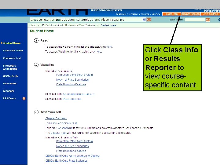 Click Class Info or Results Reporter to view coursespecific content 