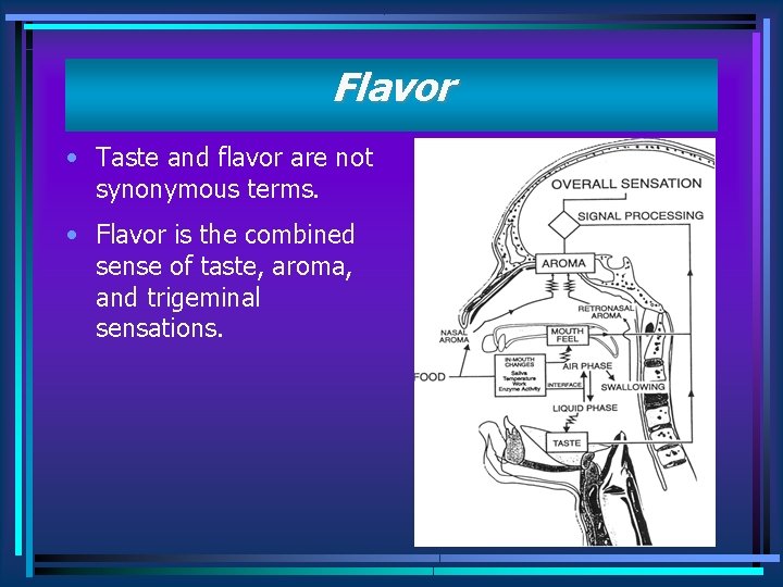 Flavor • Taste and flavor are not synonymous terms. • Flavor is the combined