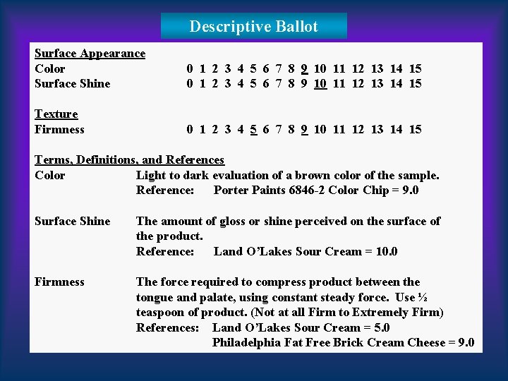 Descriptive Ballot Surface Appearance Color Surface Shine 0 1 2 3 4 5 6